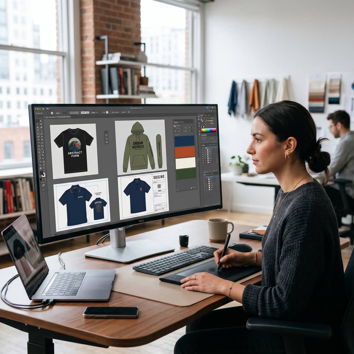 Una mujer trabaja en un escritorio de una oficina, diseñando ropa y gráficos en una gran pantalla de ordenador con un programa de diseño abierto, centrada en crear una marca de ropa para su último proyecto de moda.