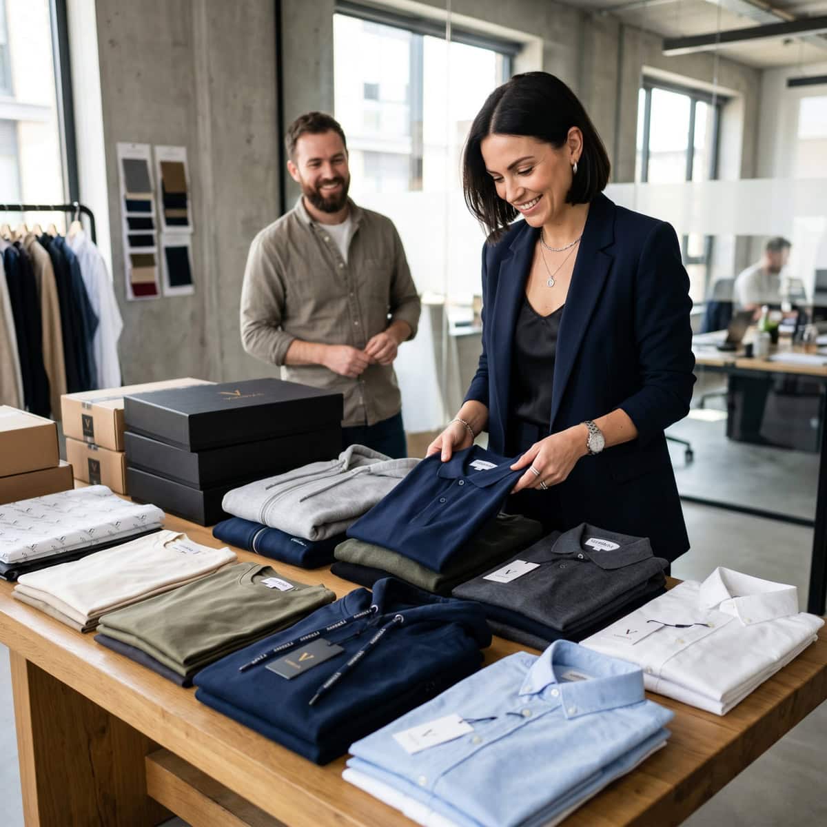 Una mujer coloca camisetas dobladas sobre una mesa en una oficina moderna, mientras un hombre permanece de pie a su lado, lo que ilustra el trabajo en equipo necesario para crear una marca de ropa. Al fondo se ven cajas y muestras de ropa de la nueva colección.