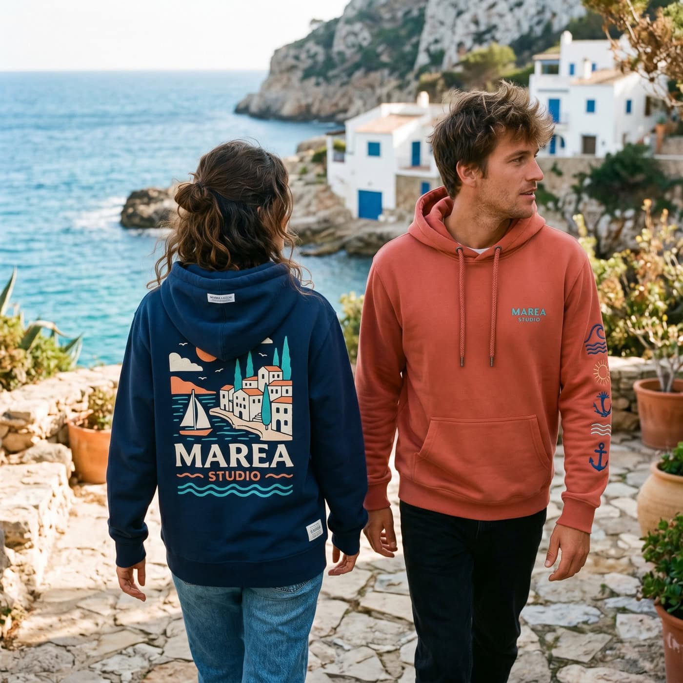 Dos personas con sudaderas con capucha, una de ellas con un estampado costero de colores y la inscripción «MAREA STUDIO», caminan por un sendero de piedra junto al mar, con edificios blancos al fondo.