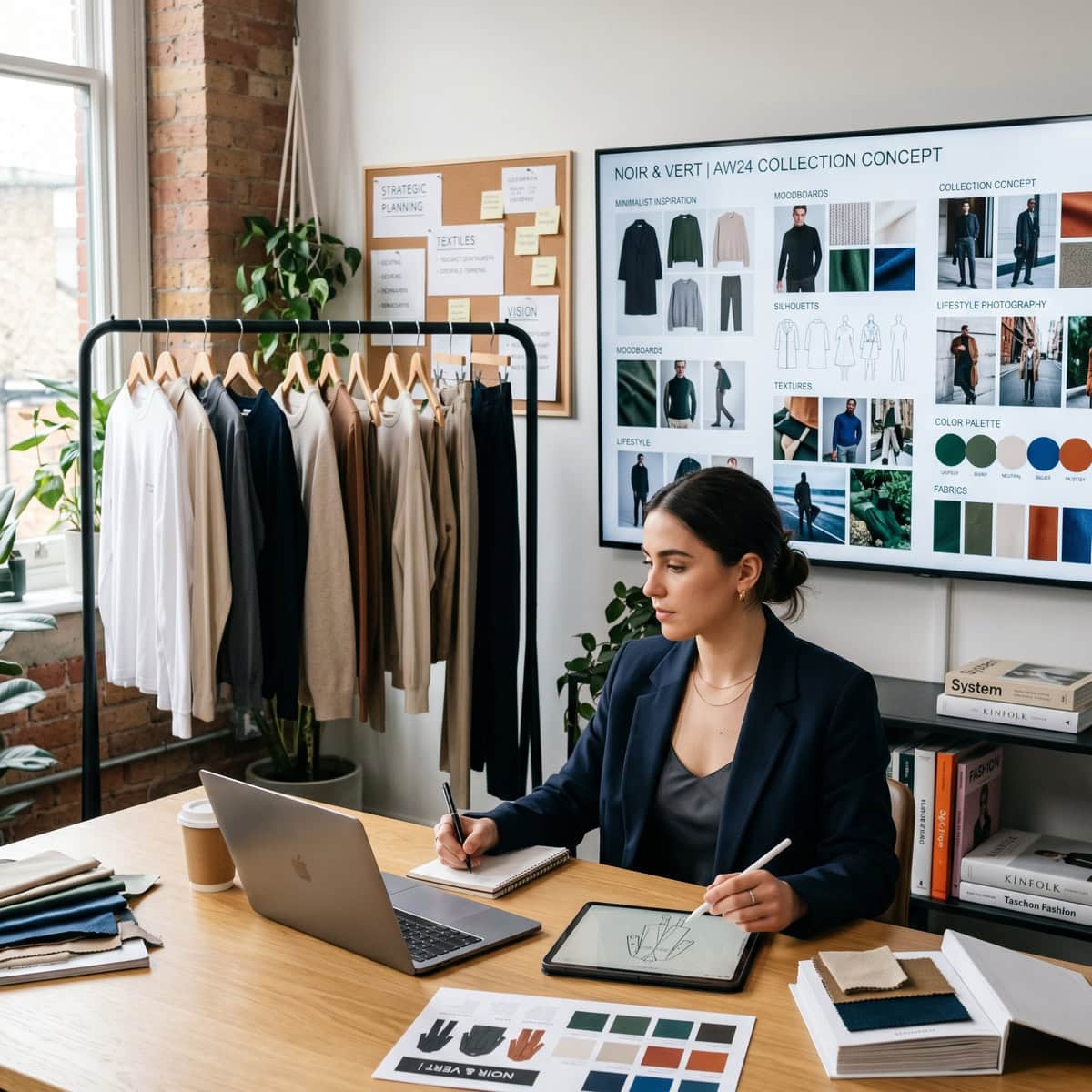 Una mujer trabaja en un escritorio con un ordenador portátil y una tableta en una oficina moderna, rodeada de muestras de ropa, muestras de tejidos y tableros de conceptos de moda, mientras planifica cómo crear una marca de ropa.