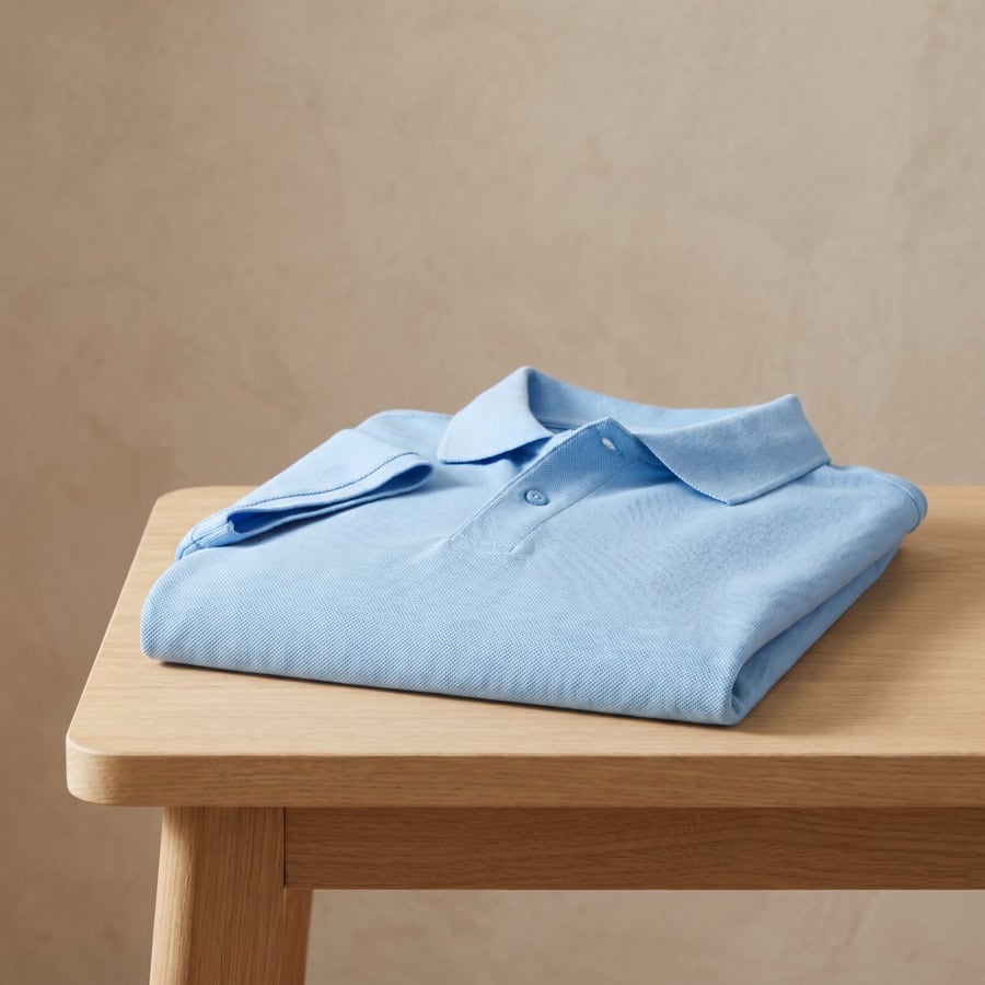 Un polo azul claro, cuidadosamente doblado, ideal para prendas personalizadas, descansa sobre una mesa de madera clara con un fondo beige.