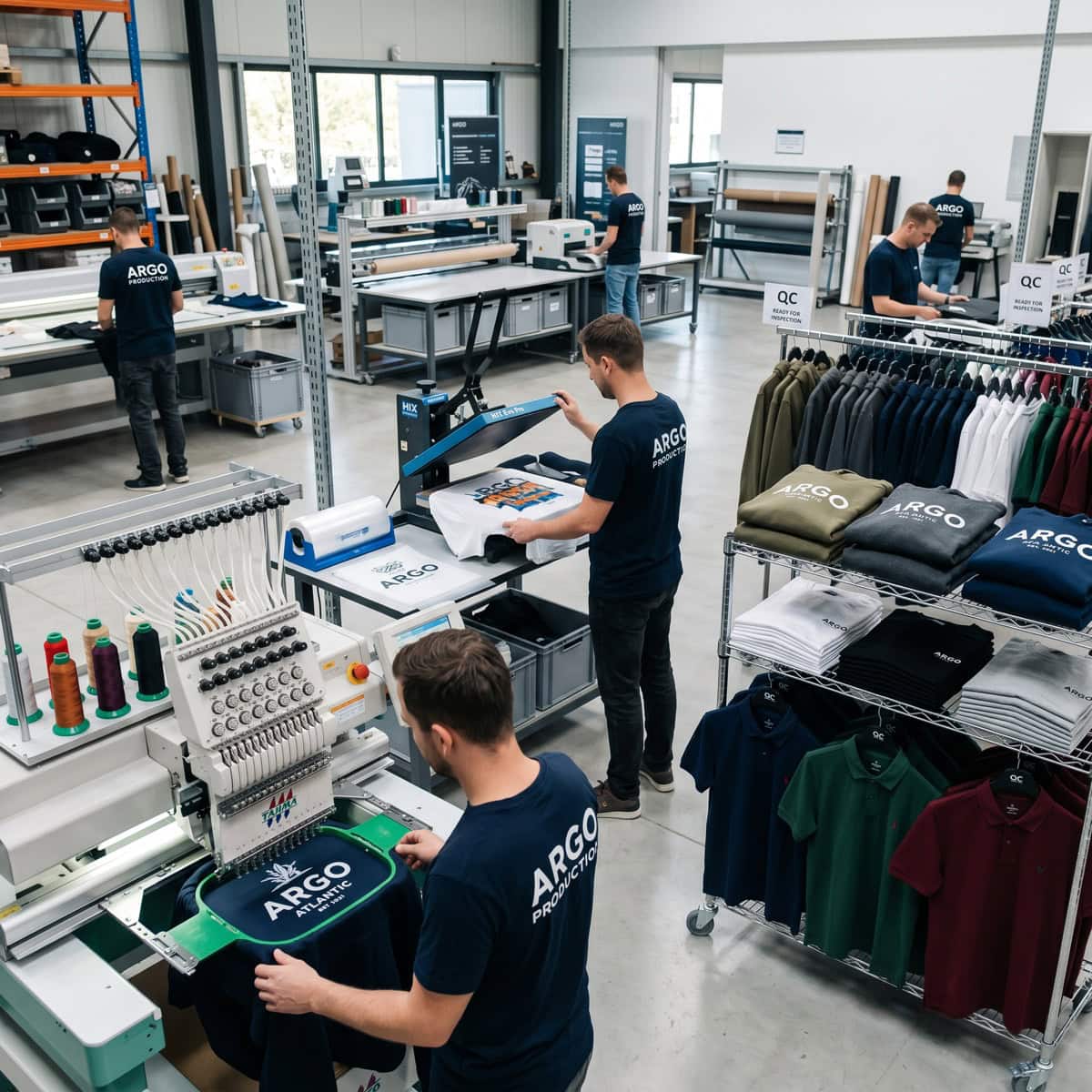 Los trabajadores de una moderna imprenta utilizan diversas máquinas para imprimir y bordar logotipos en prendas de ropa —un paso esencial para quienes desean crear una marca de ropa—, y las prendas terminadas se apilan ordenadamente en percheros.
