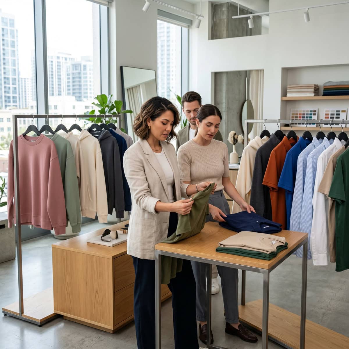 Tres personas examinan ropa doblada sobre una mesa en una moderna tienda, rodeadas de percheros con camisas y chaquetas: una escena inspiradora para cualquiera que quiera crear una marca de ropa, con grandes ventanales que muestran el paisaje urbano del exterior.